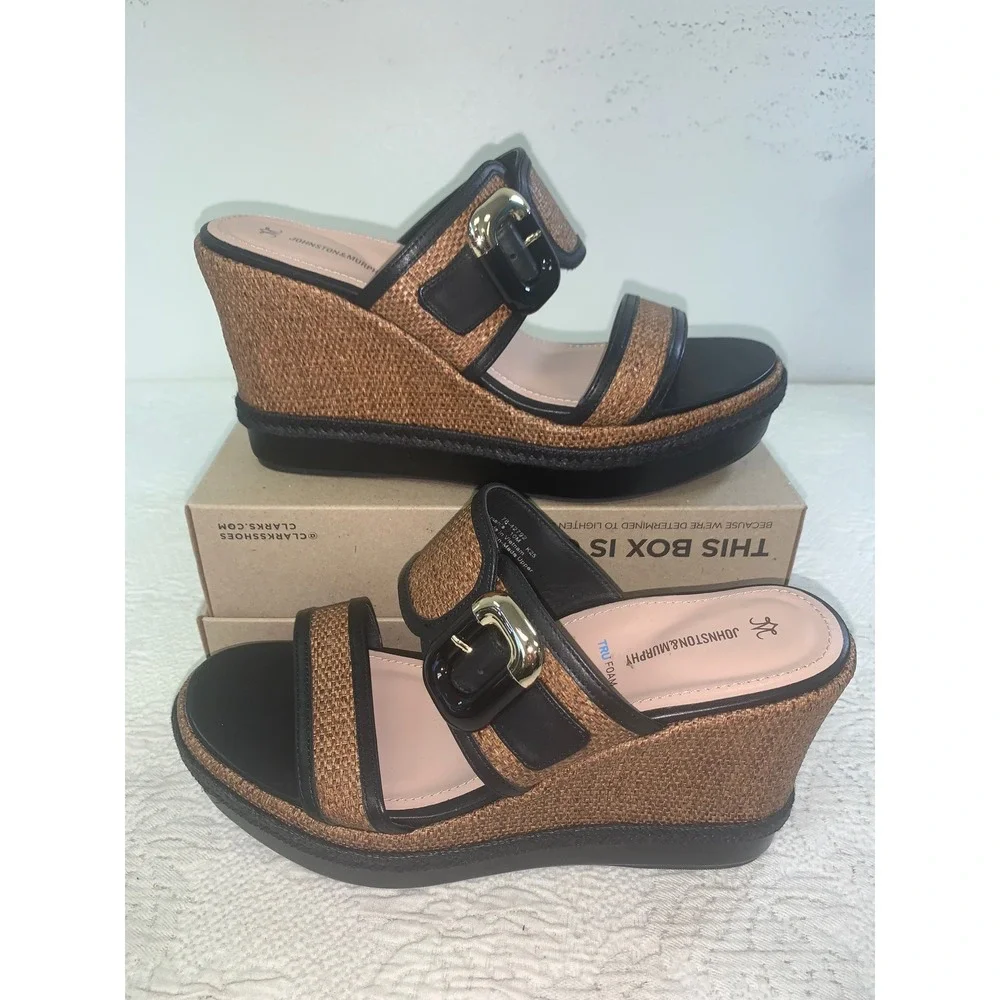 Johnston & Murphy Addison Buckle Platform Wedge Slide Sandals Cognac Raffia 10M